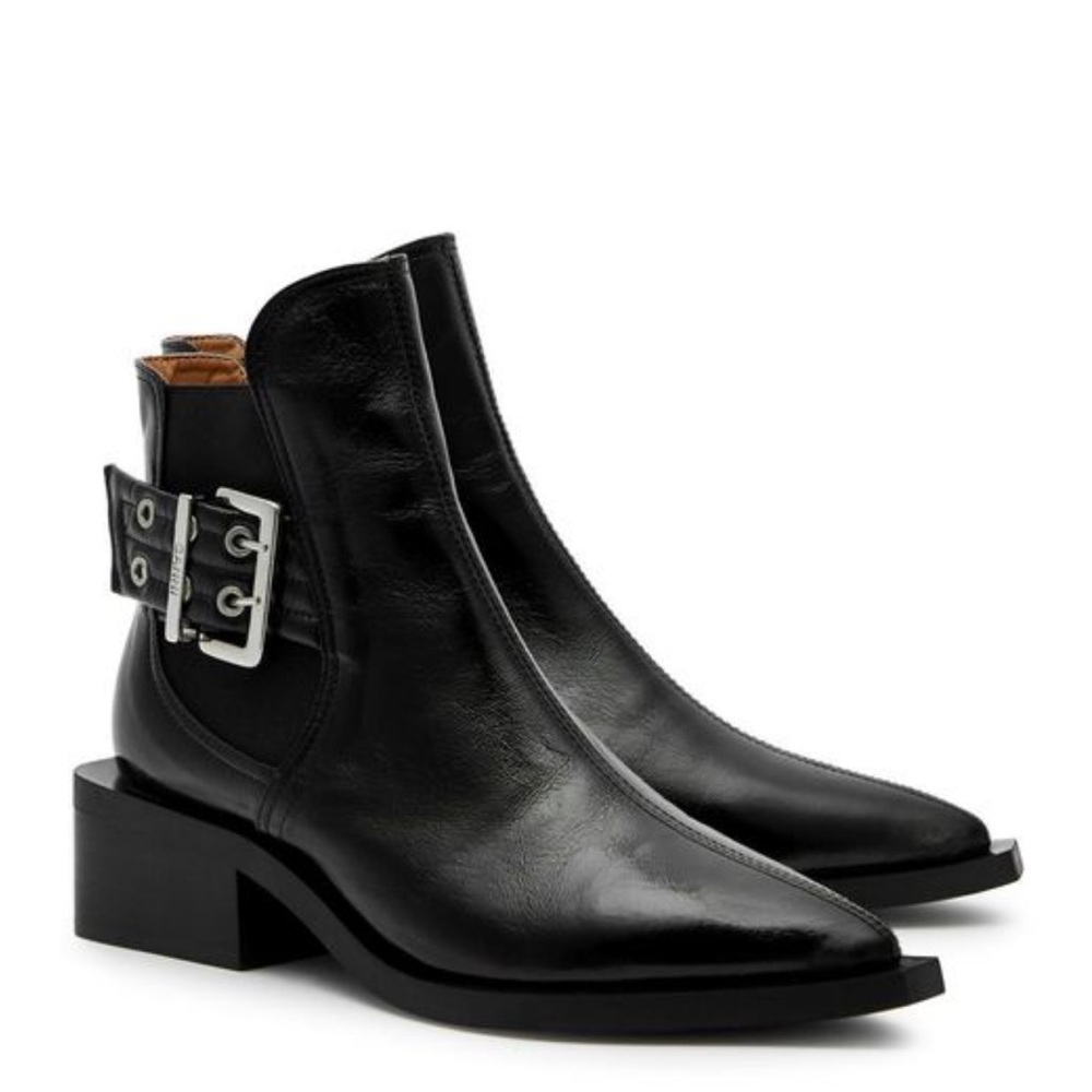 EUC - GANNI Black Patent Leather Buckle Chelsea Moto Booties- Sz 37